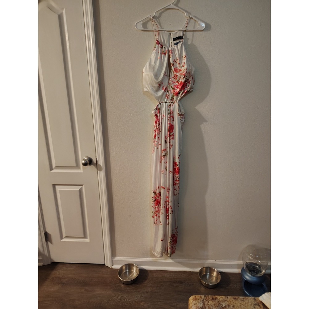 Crystal Doll Womens Floral Halter Maxi Dress White Red Cutout Prom Gown Size 13